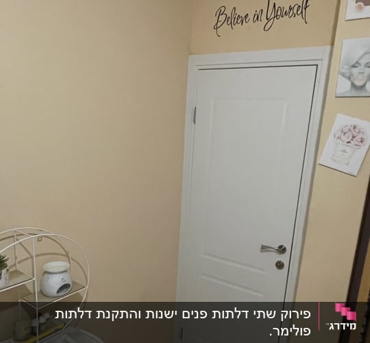 דלת לבנה עם ידית כסופה על קיר בז